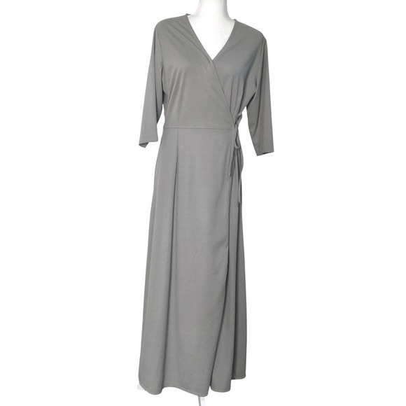 TravelSmith Dresses & Skirts - TravelSmith Wrap Dress Womens L‎ Gray 3/4 Sleeve V-Neck Maxi